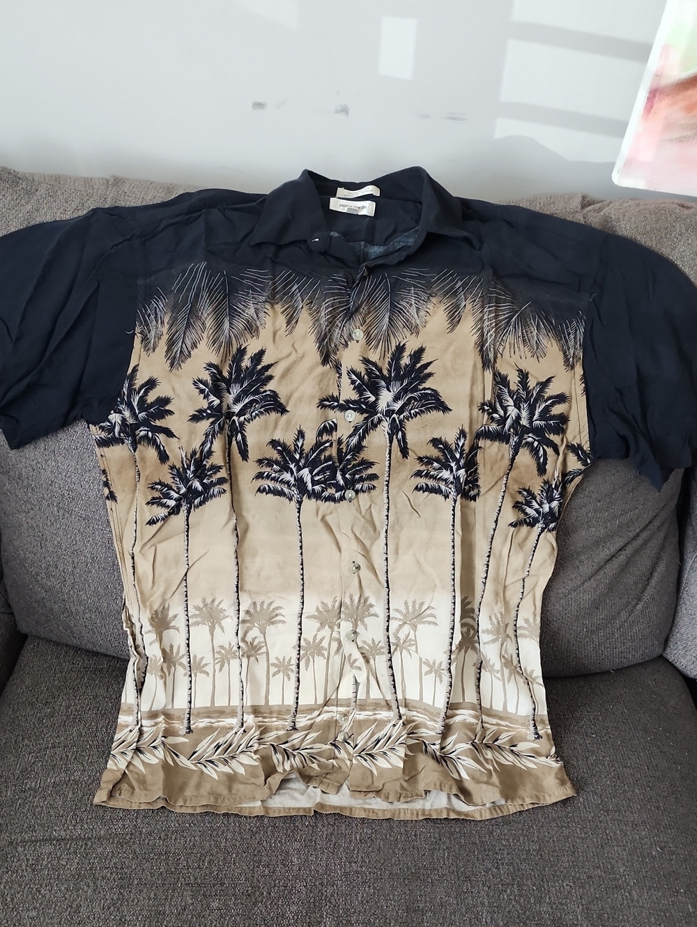 Pierre Cardin Black and Tan Palm-Print Button-Down Shirt